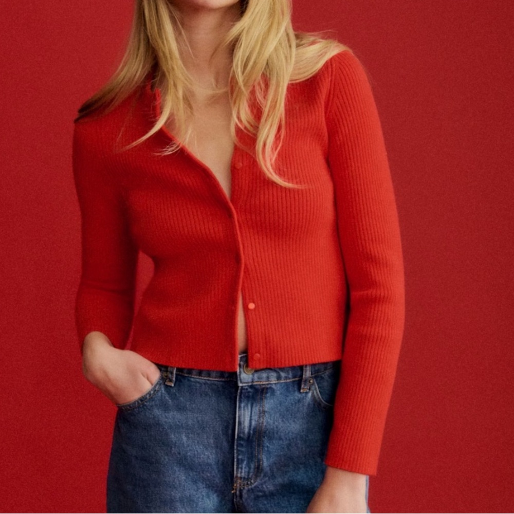 Sezane Kylie Red Ribbed Cardigan - Size Small - Picture 2 of 6